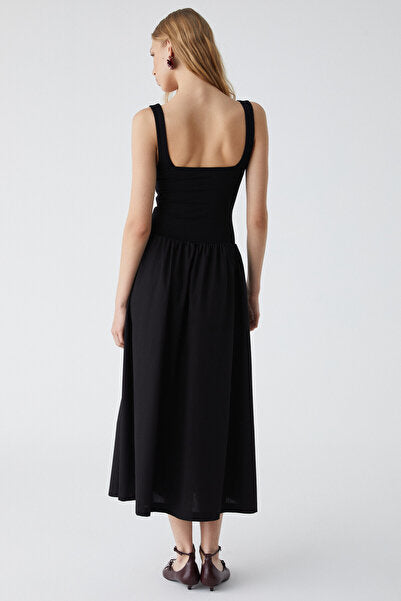 Pani Fuego Women's Strappy Collar Skirt Section, Stretchy Viscose Black Dress with Woven Poplin Top