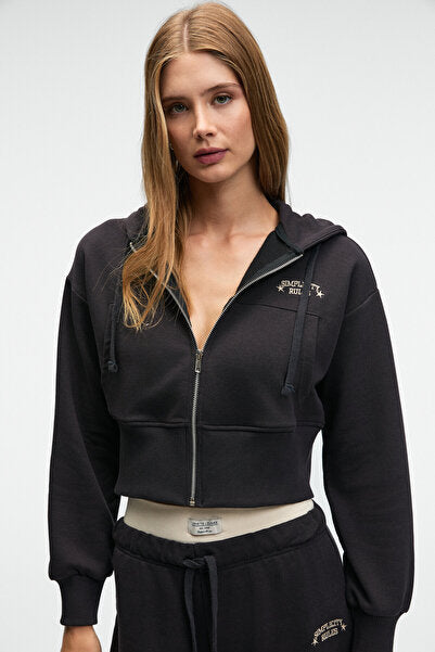 ELARA Women's Metal Zipper Embroidered Hooded Crop Anthracite Sweatshirt