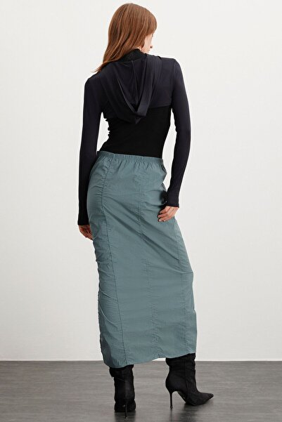Cherı Women's Elastic Waist Waterproof Parachute Fabric Long Green Skirt