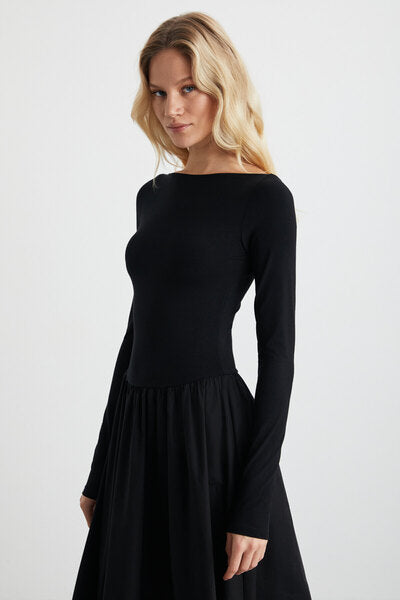 Pani Women's Maxi Length Skirt Part Woven Poplin Flared Top Part Flexible Viscose Elastane Stylish Black Dress