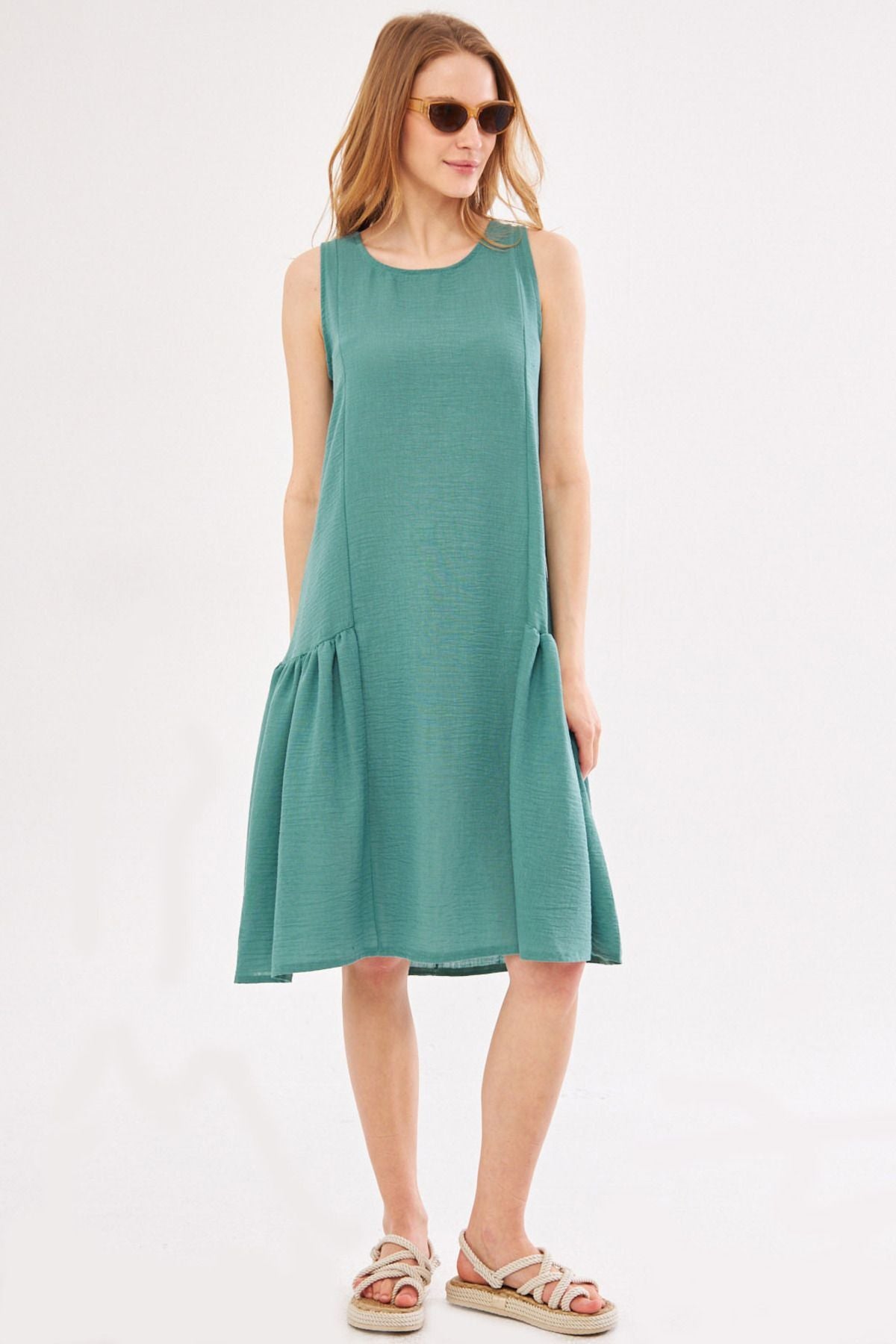 Women's Turquoise Decapende Dress Gathered on the Sides Sleeveless Linen Look Midi Length ARM-24Y001037