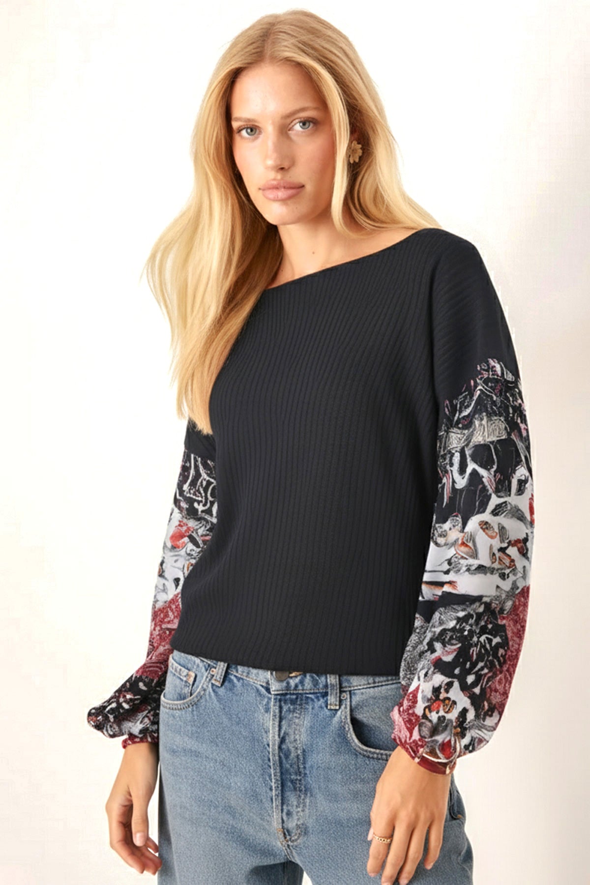 Women's Anthracite Sleeve Patterned Balloon Knitwear Sweater ARM-20K081001