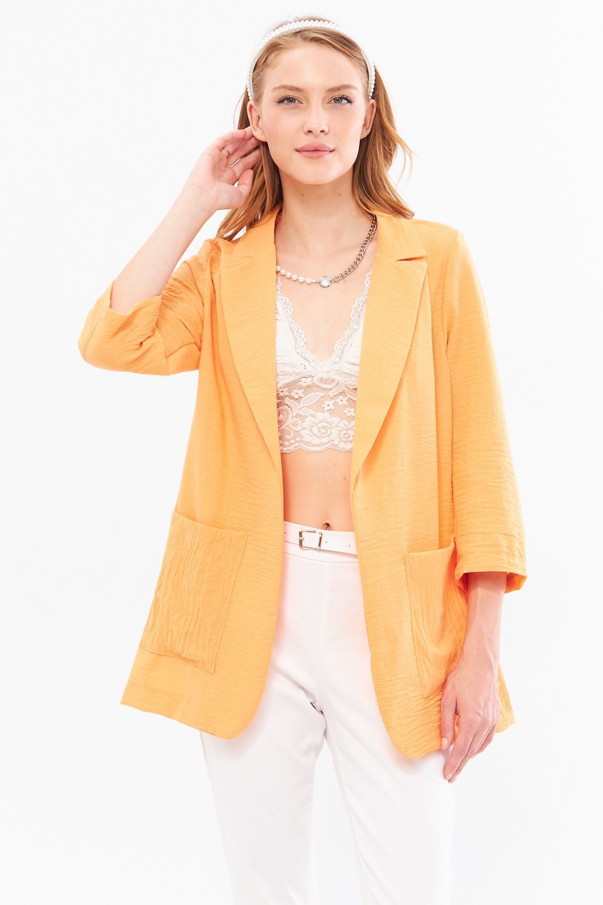 Women's Salmon Linen Look Oversize Jacket with Pockets ARM-24Y001065