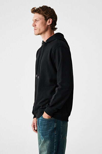 ALESSIO Men's 100% Cotton Hooded Cord Detailed Oversize Fit Black Sweatshirt