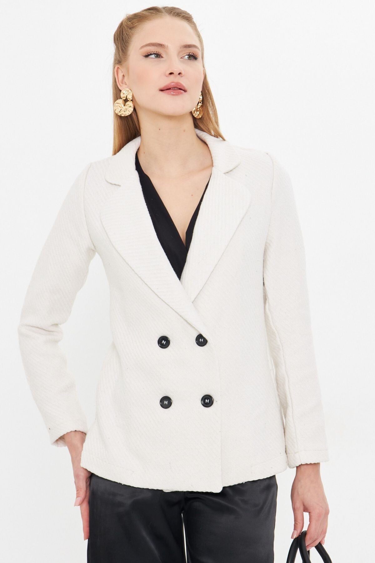 Women's White Stripe Patterned Four-Button Stash Jacket ARM-24K001037