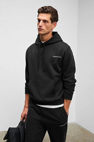 MARSHALLHOODIE Men's Cotton Relaxed Black Tracksuit Set with Fleece Embroidery
