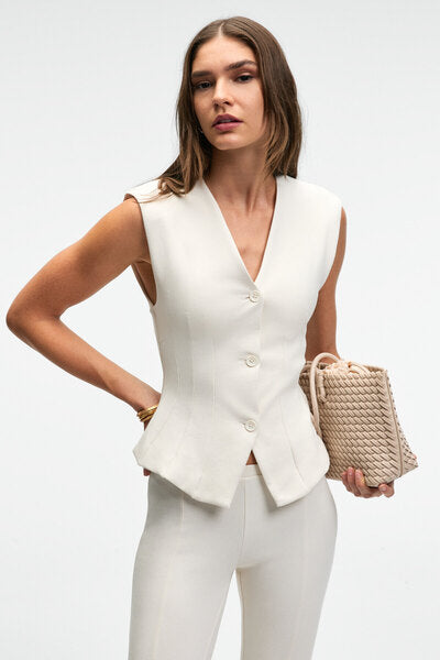 CALYSTRA Women's Flexible Fabric, Front Darts, Buttons, Padded Regular Fit Ecru Vest