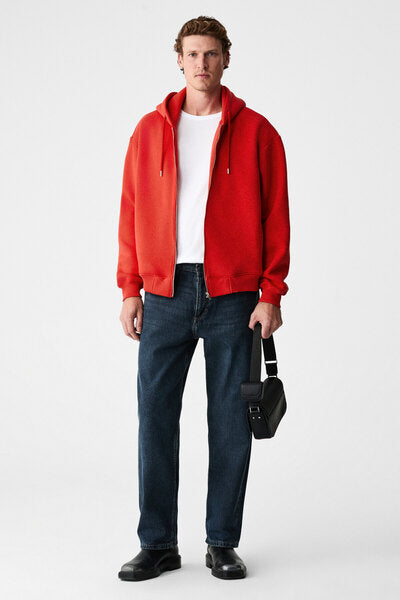 ASHBY Men's Hooded Zipper Pocket Cord Boxy Fit Red Sweatshirt