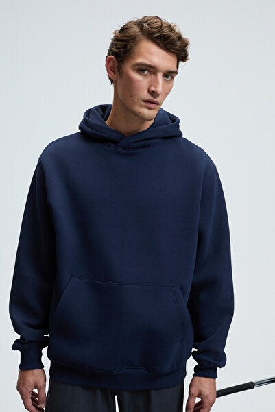 AMOS Men's Soft Fabric 3 Thread Oversize Hooded Kangaroo Pocket Navy Blue Sweatshirt