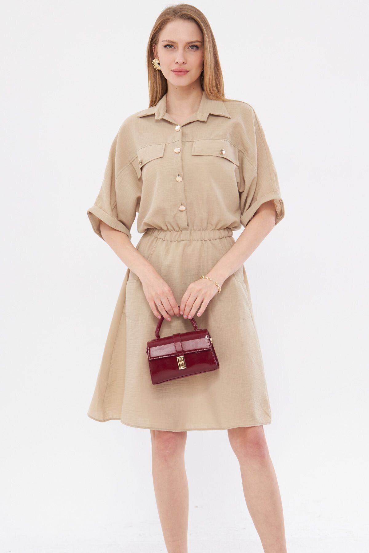 Women's Beige Bat Sleeve Pocket Elastic Waist Dress ARM-23Y001076