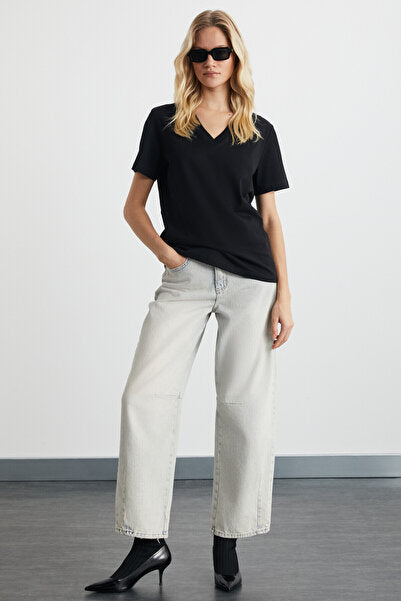 Aline Women's 100% Organic Cotton Deep V-Neck Comfort Fit Black T-shirt