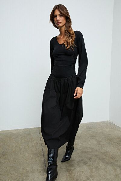 PANI YOKEND Women's V-Neck, Gather Detailed, Flexible Fabric Skirt Poplin Black Dress