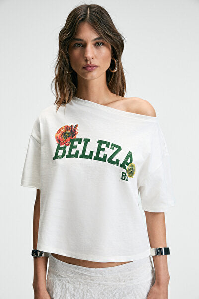 QALY Women's Boat Neck One Shoulder Short Sleeve Front and Back Print Detailed Relaxed Ecru T-Shirt