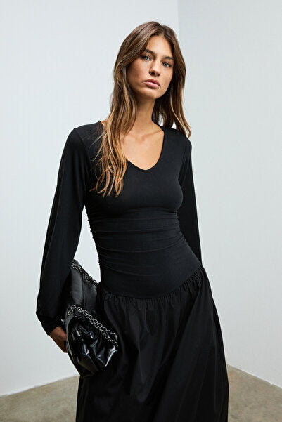 PANI YOKEND Women's V-Neck, Gather Detailed, Flexible Fabric Skirt Poplin Black Dress