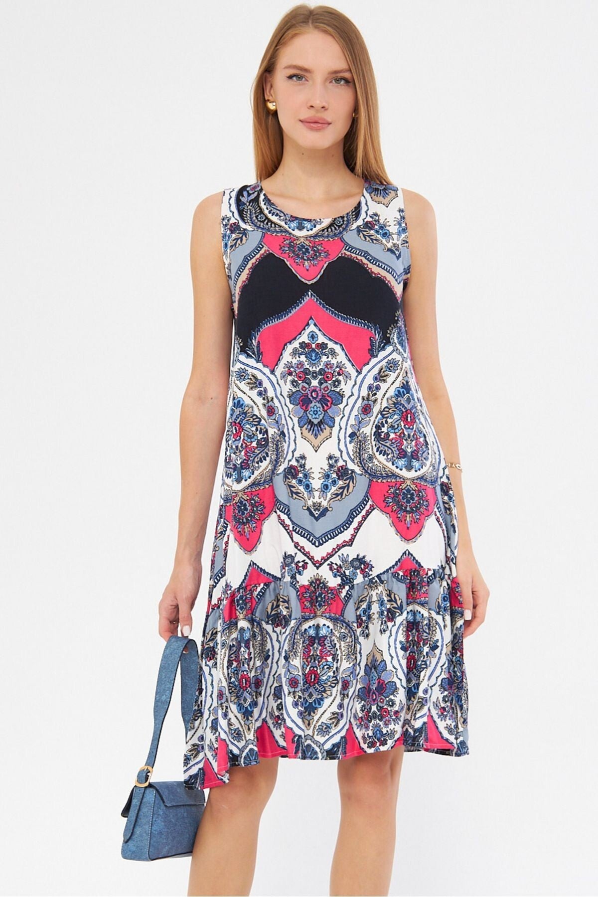 Women's Fuchsia Patterned Sleeveless Skirt Frilly Dress ARM-22K001142