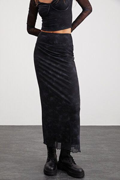 Beulah Women's Maxi Length Elastic Waist Tulle Dark Gray Skirt