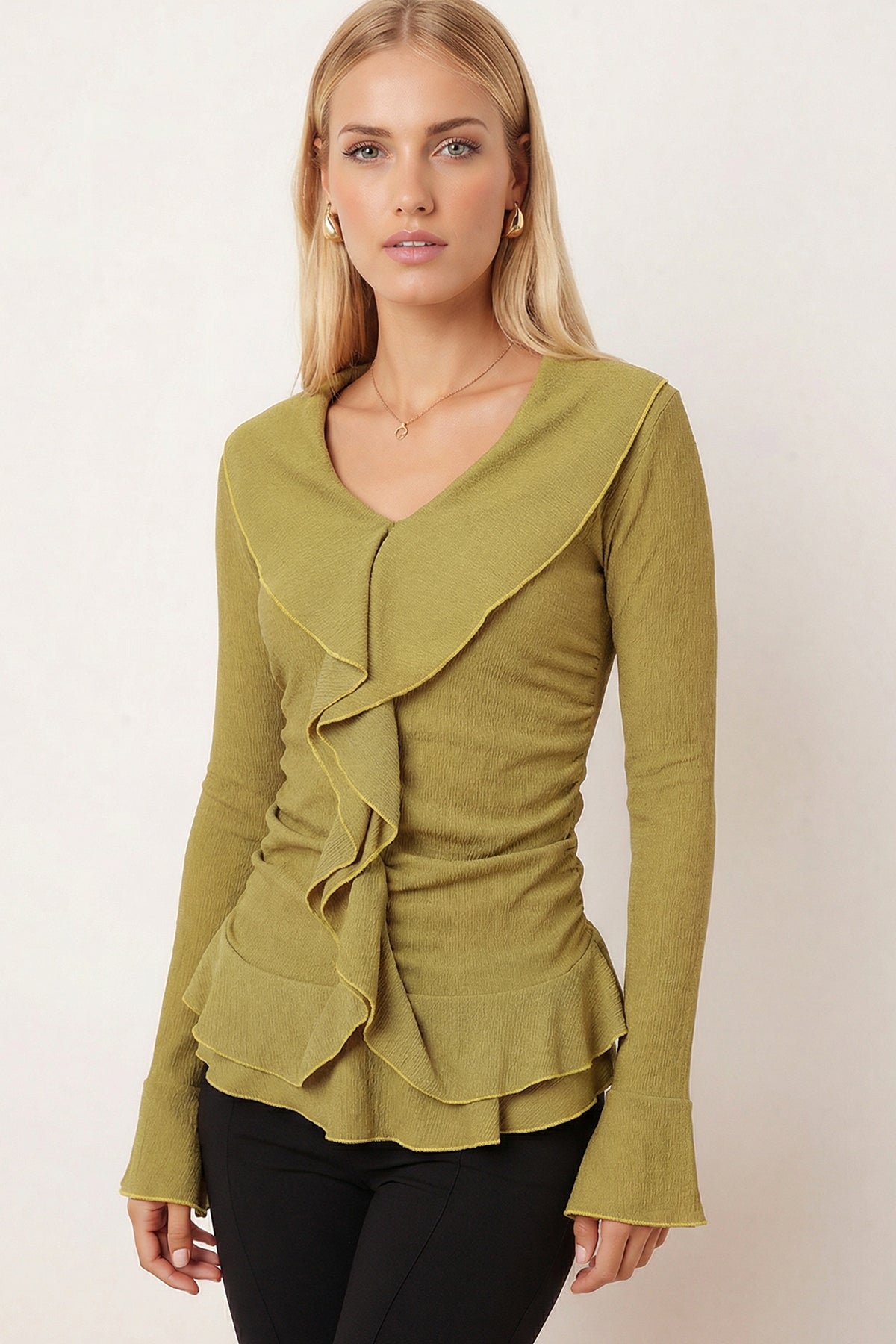 Women's Oil Green Collar, Ruffled Sleeves, Gathered Blouse ARM-26K001079