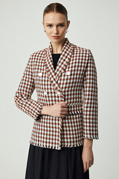 MERAN Women's Jacket Collar Long Sleeve Button Detailed Tweed Orange Jacket
