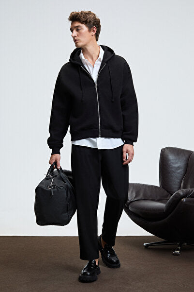 ASHBY Men's Hooded Zipper Pocket Drawstring Regular Fit Black Sweatshirt