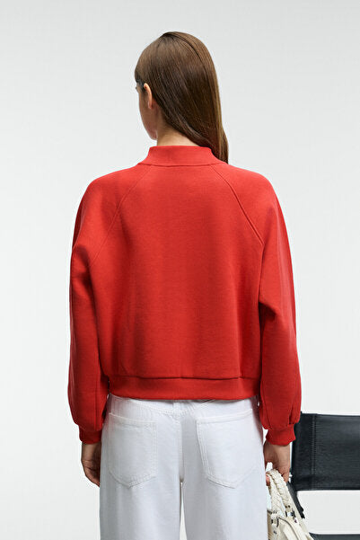 YASVELL Women's Metal Zipper Double Pocket Embroidery Detailed Balloon Sleeve Bomber Red Jacket