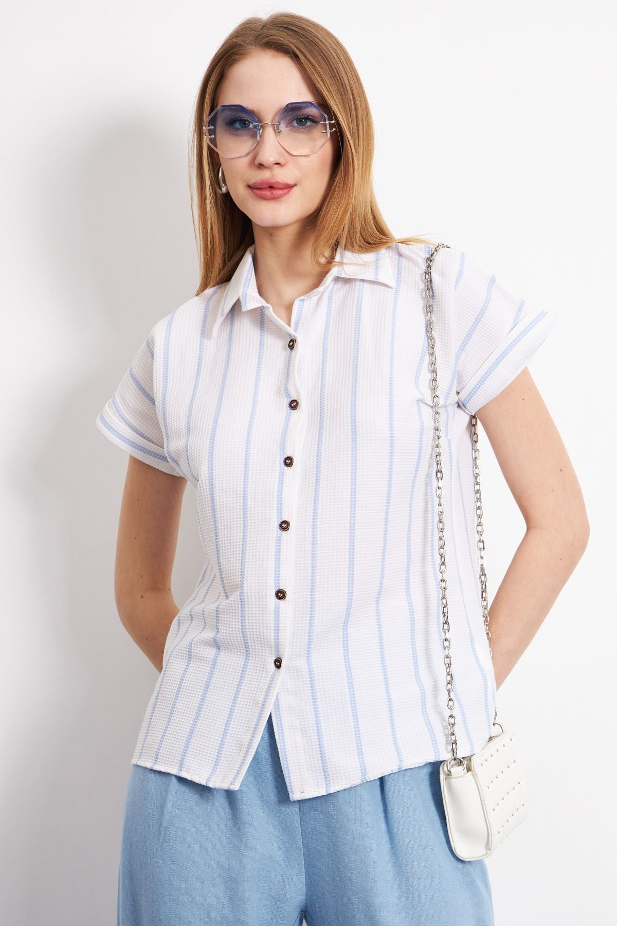 Women's Baby Blue Striped Short Sleeve Shirt ARM-24Y001067