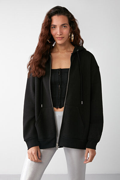 Alena Women's Basic Kangaroo Pocket Oversize Organic Cotton Zipper Hooded Black Sweatshirt