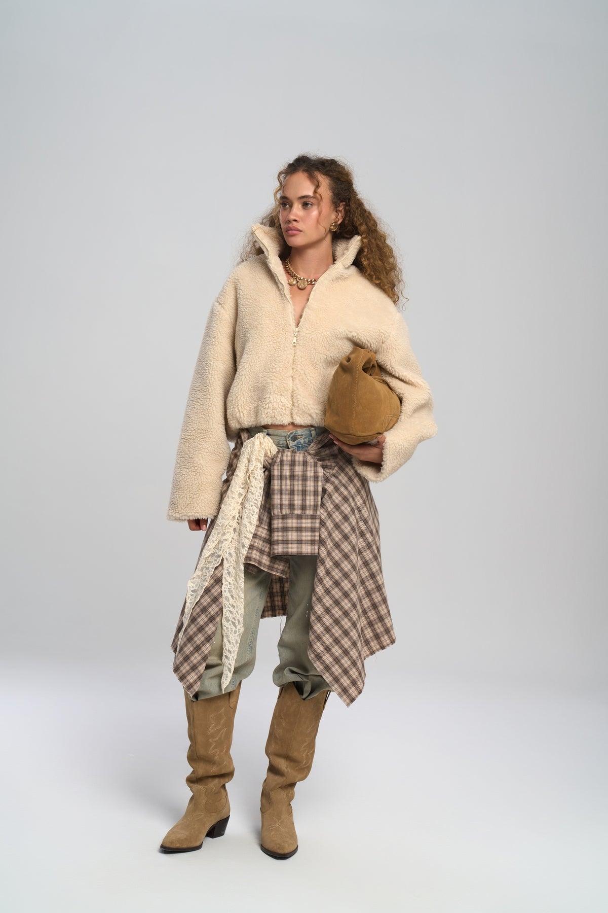 Orliva Teddy Beige Short Bomber Jacket