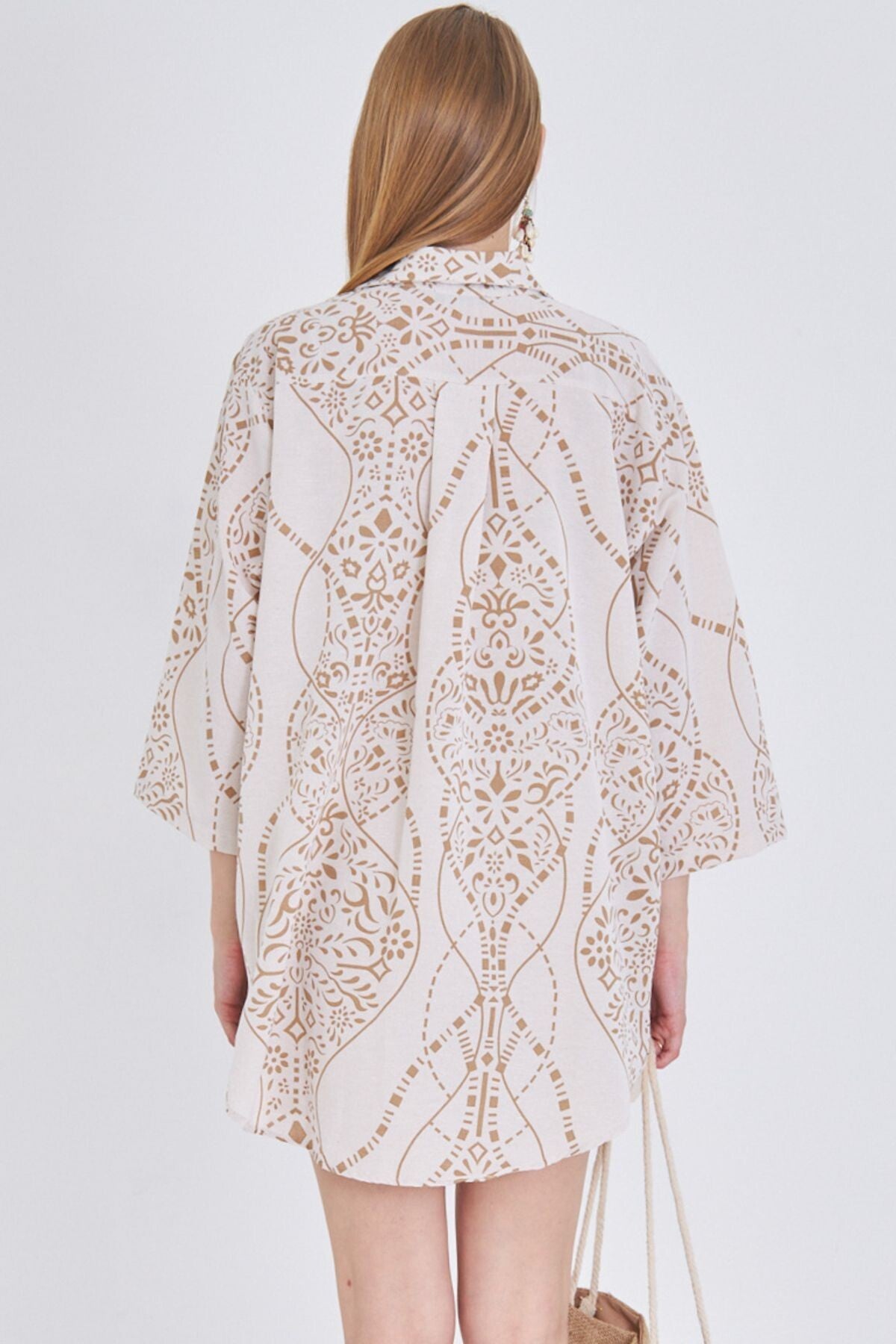 Women's Cream Patterned Linen Look Front Tie Kimono Shirt ARM-24Y001079