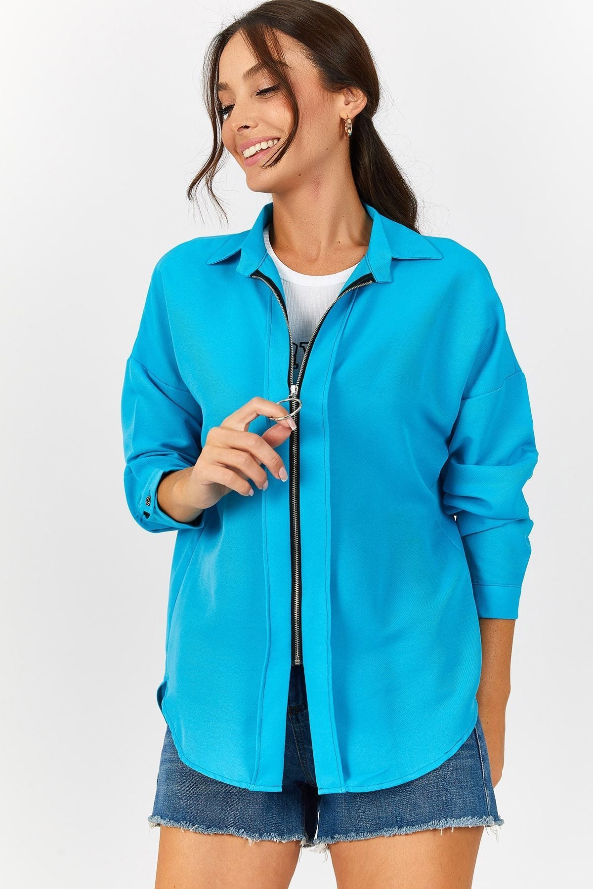 Women's Turquoise Front Zippered Casual Shirt ARM-21K024090