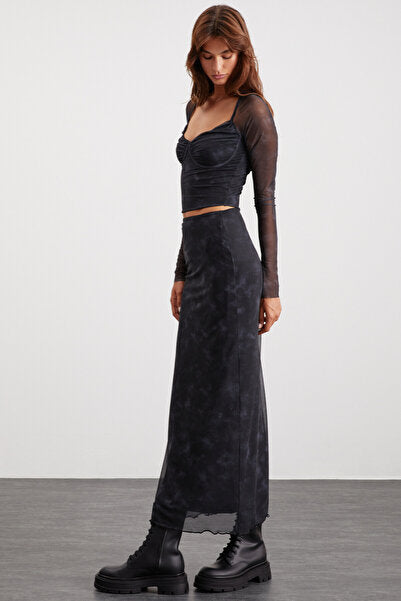 Beulah Women's Maxi Length Elastic Waist Tulle Dark Gray Skirt