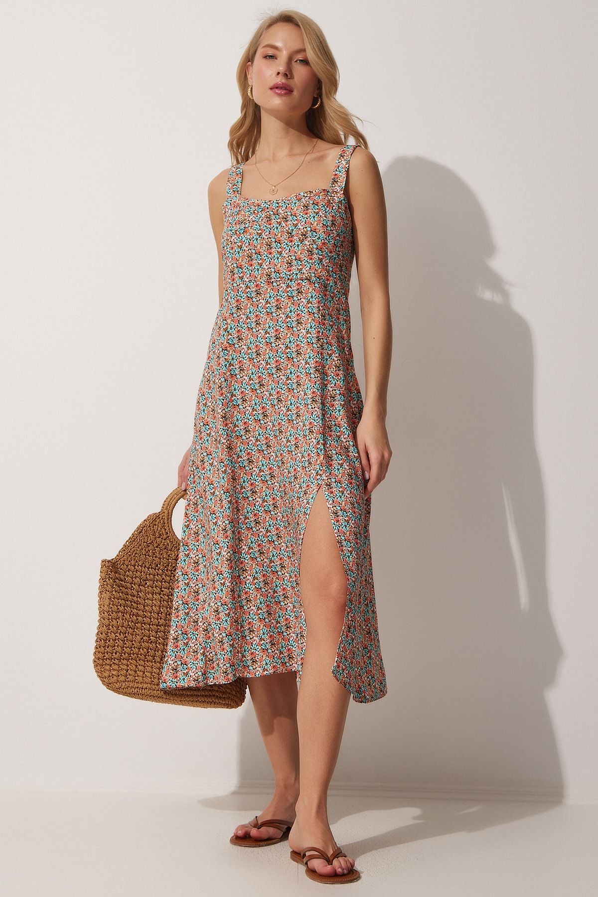 Female Tile Blue Square Yaka Flower Summer Viscose Dress DD01208
