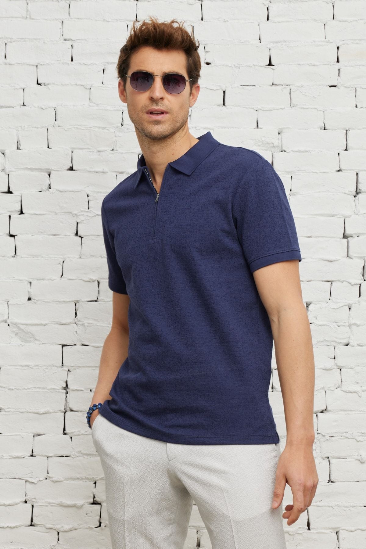 Men's navy blue slim fit narrow cut zipper