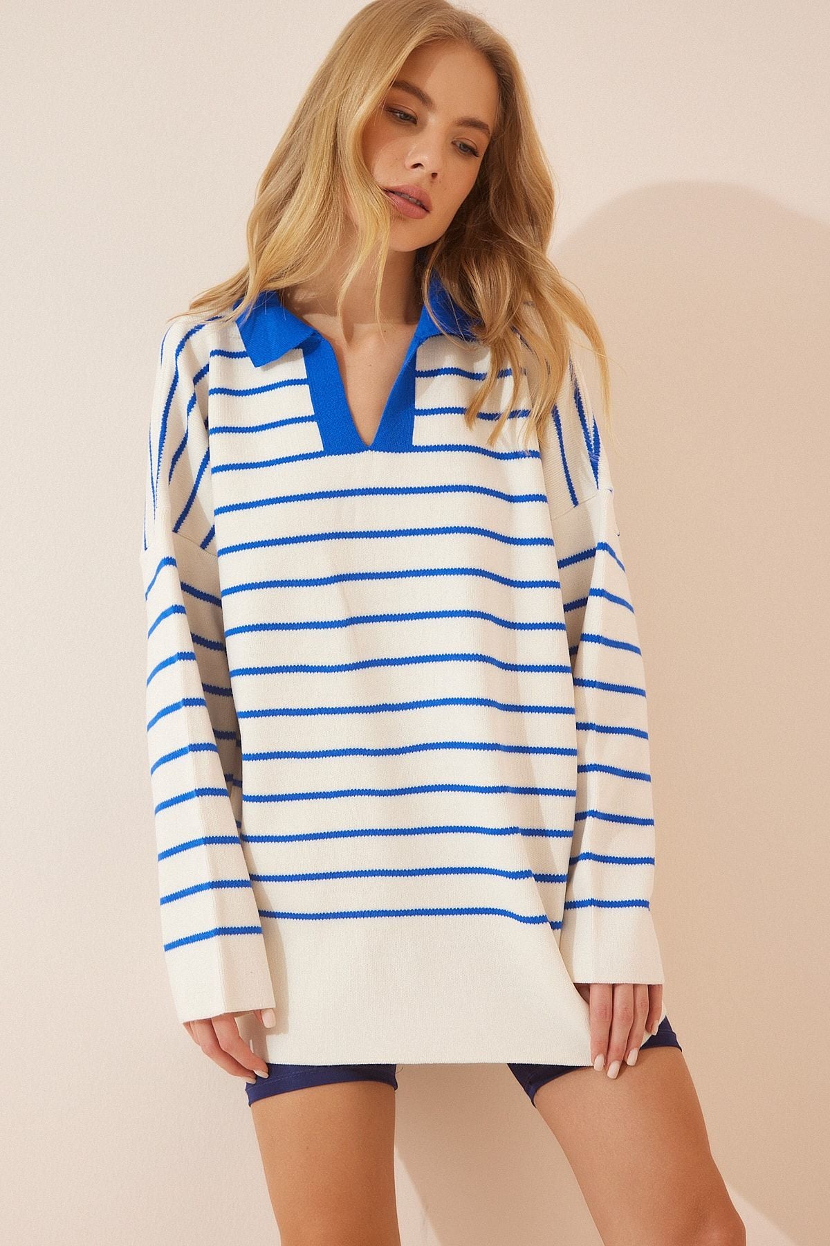 Woman White Blue Polo Yaka Striped Oversize Triko YY00086