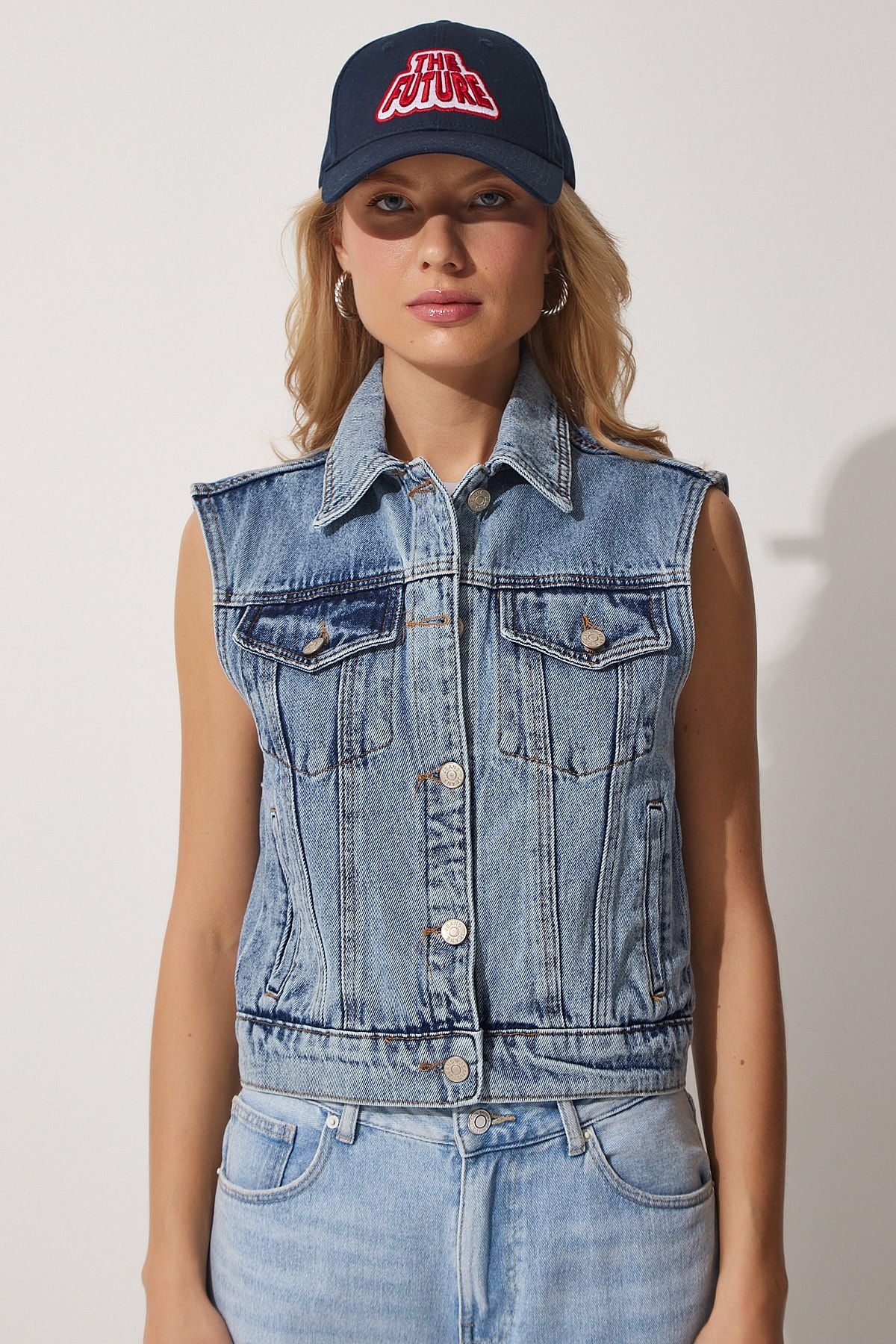 Women's Blue Pocket Detail Denim Vest RV00106