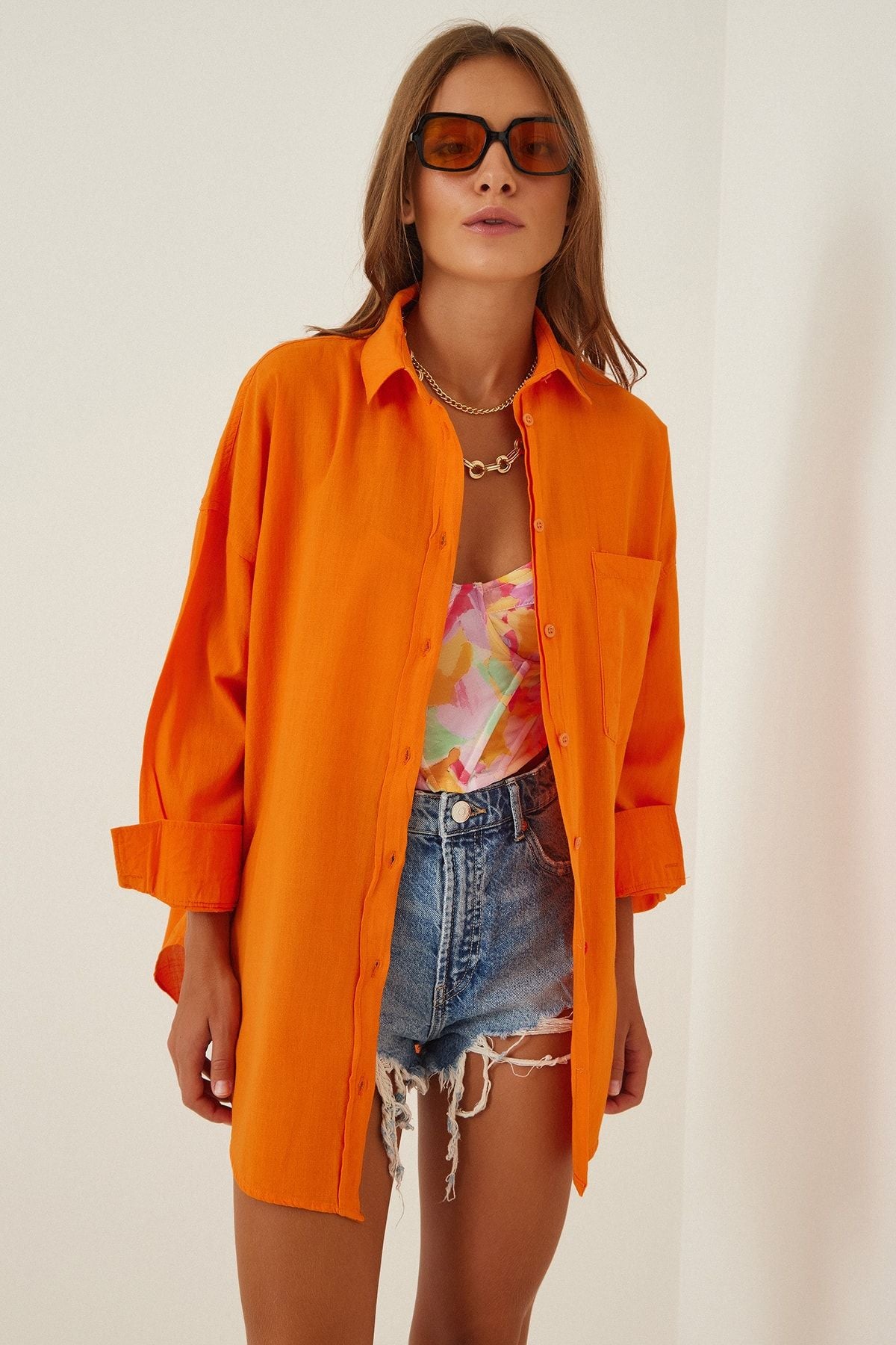 Woman Oranj Oversize Long Linen Shirt HF00371