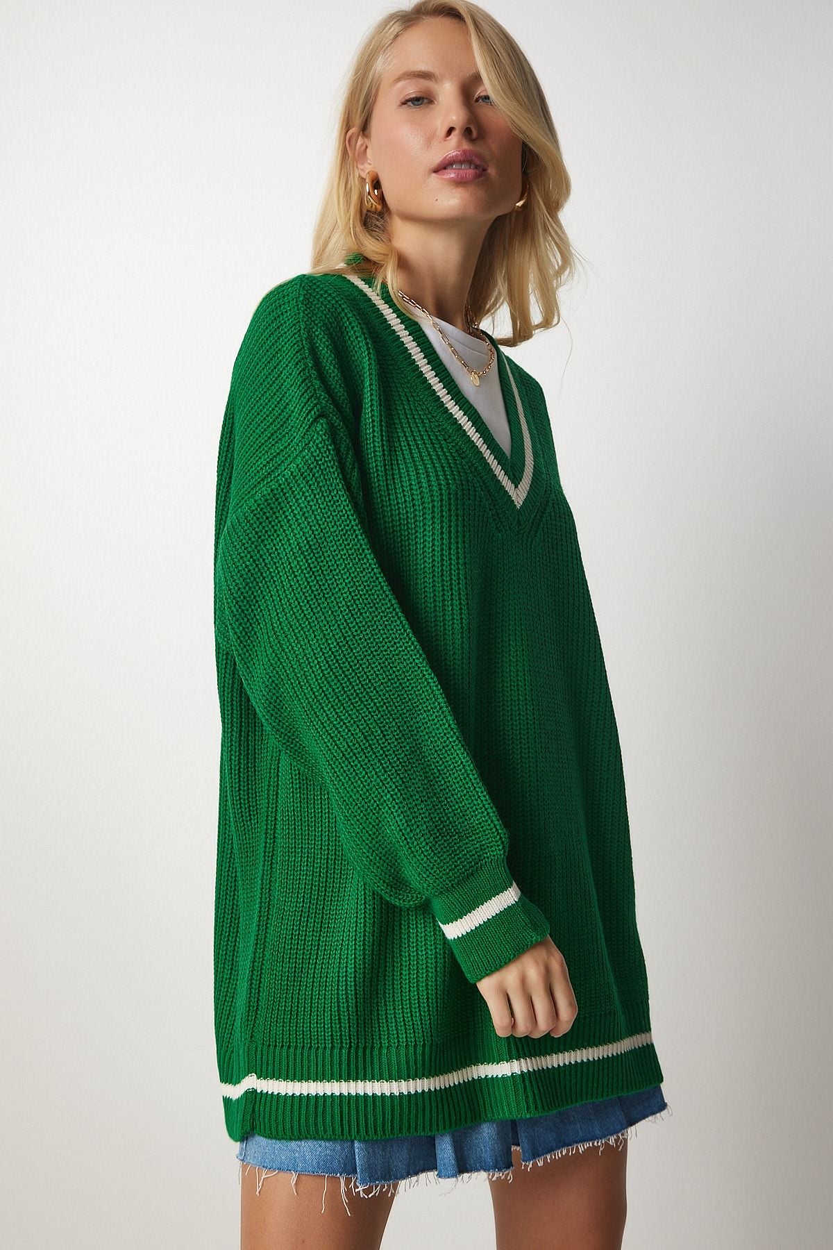 Woman Green V -Yaka Oversize Long Knitwear Sweater BP00140