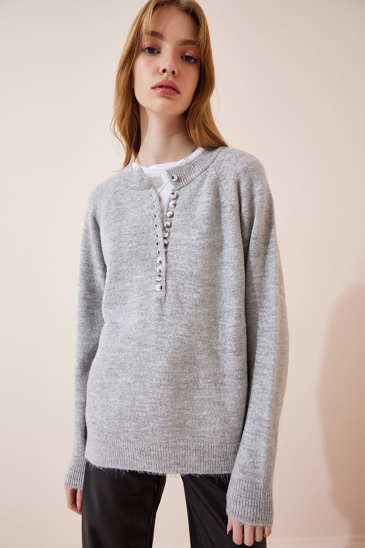 Woman Light Gray button collar knitwear sweater LX00040