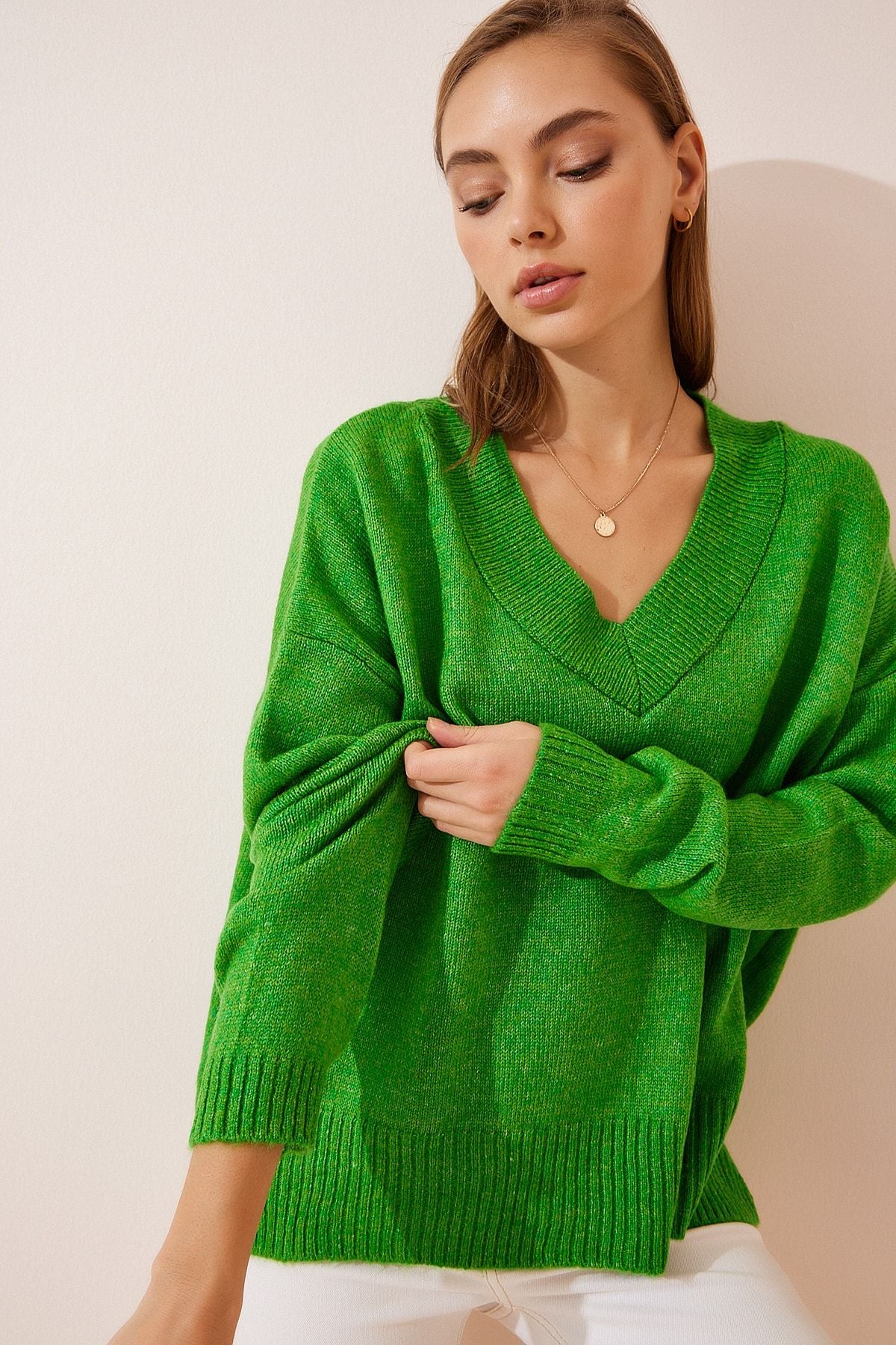 Woman Light Green V -Yaka Oversize Knitwear Kazakh BV00003