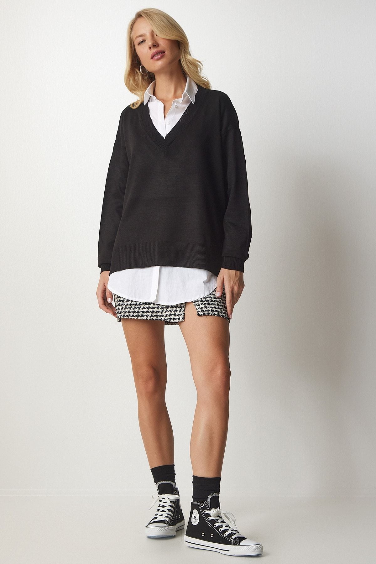 WOMEN BLACK V -YAKA Oversizle Knitwear Kazakh BV00082