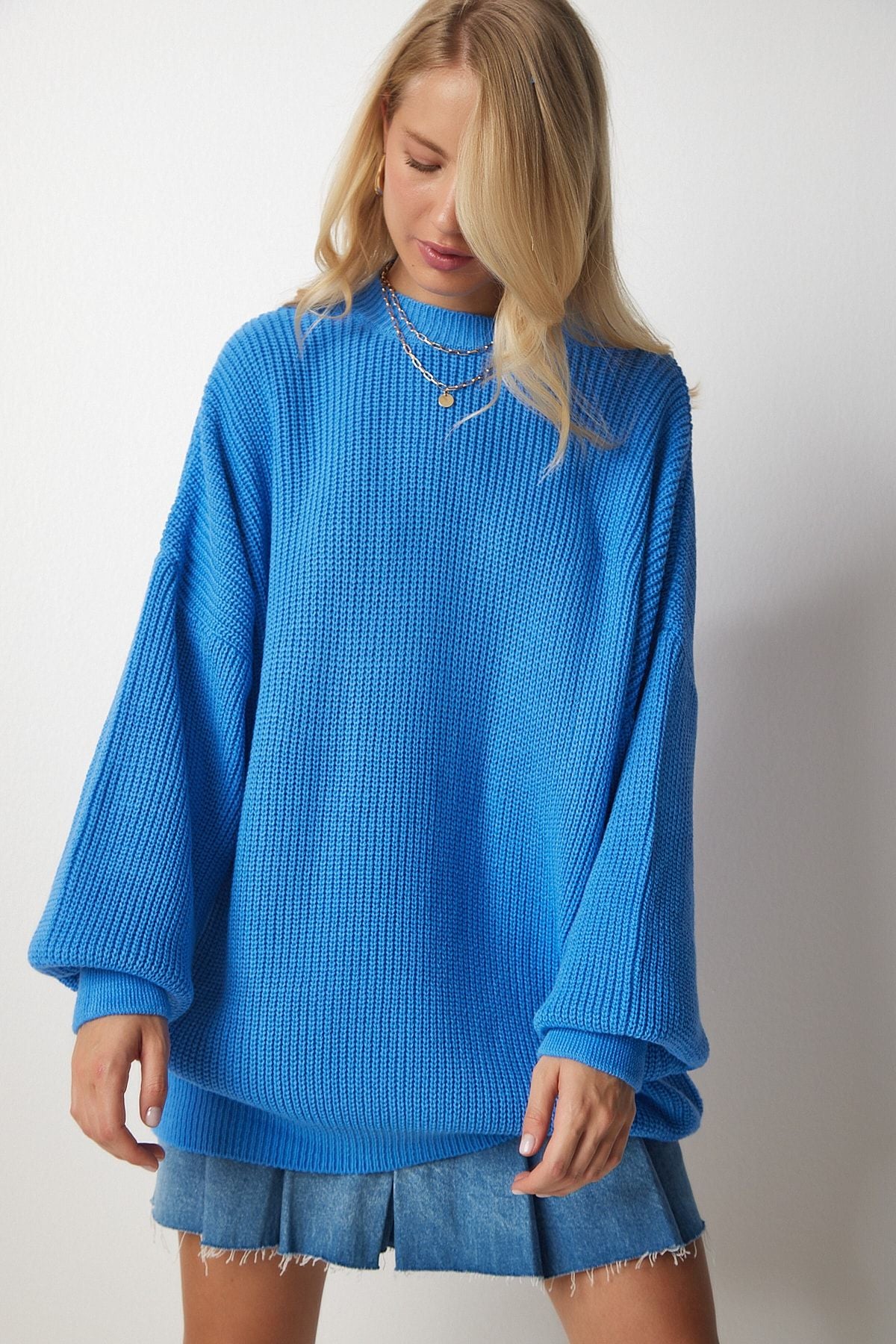 Woman Sky Blue Oversize Basic Knitwear Kazakh MX00126