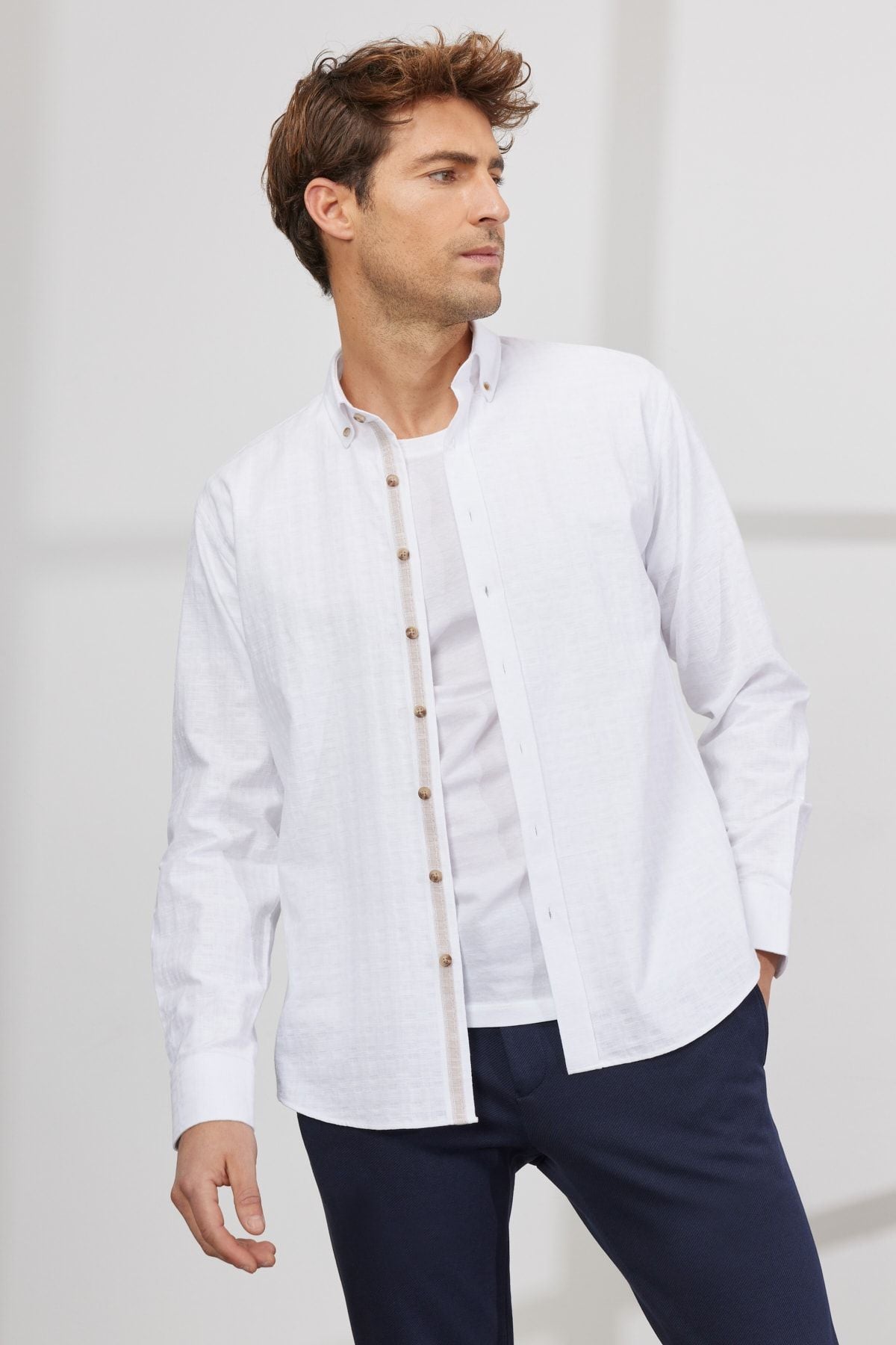 Men's White Comfort Fit Casual Cutting Buttoned Neck Clause 100 %Cotton FLAME SHIRT