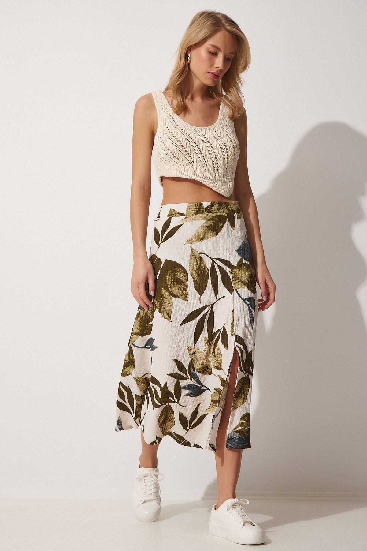 Female Green Cream Patterned Solid Summer Knitting Skirt ZH00017