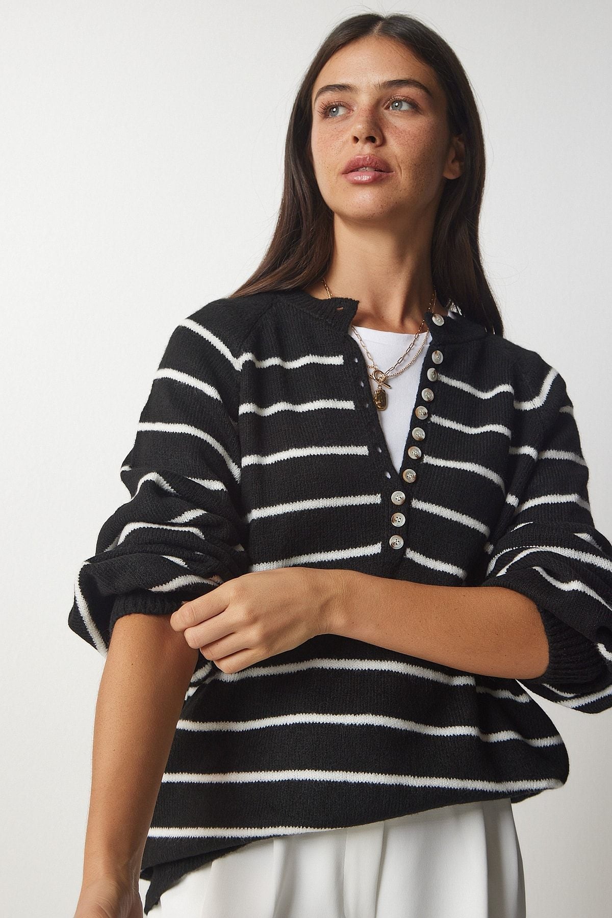 Female black button collar striped knitwear sweater LX00040