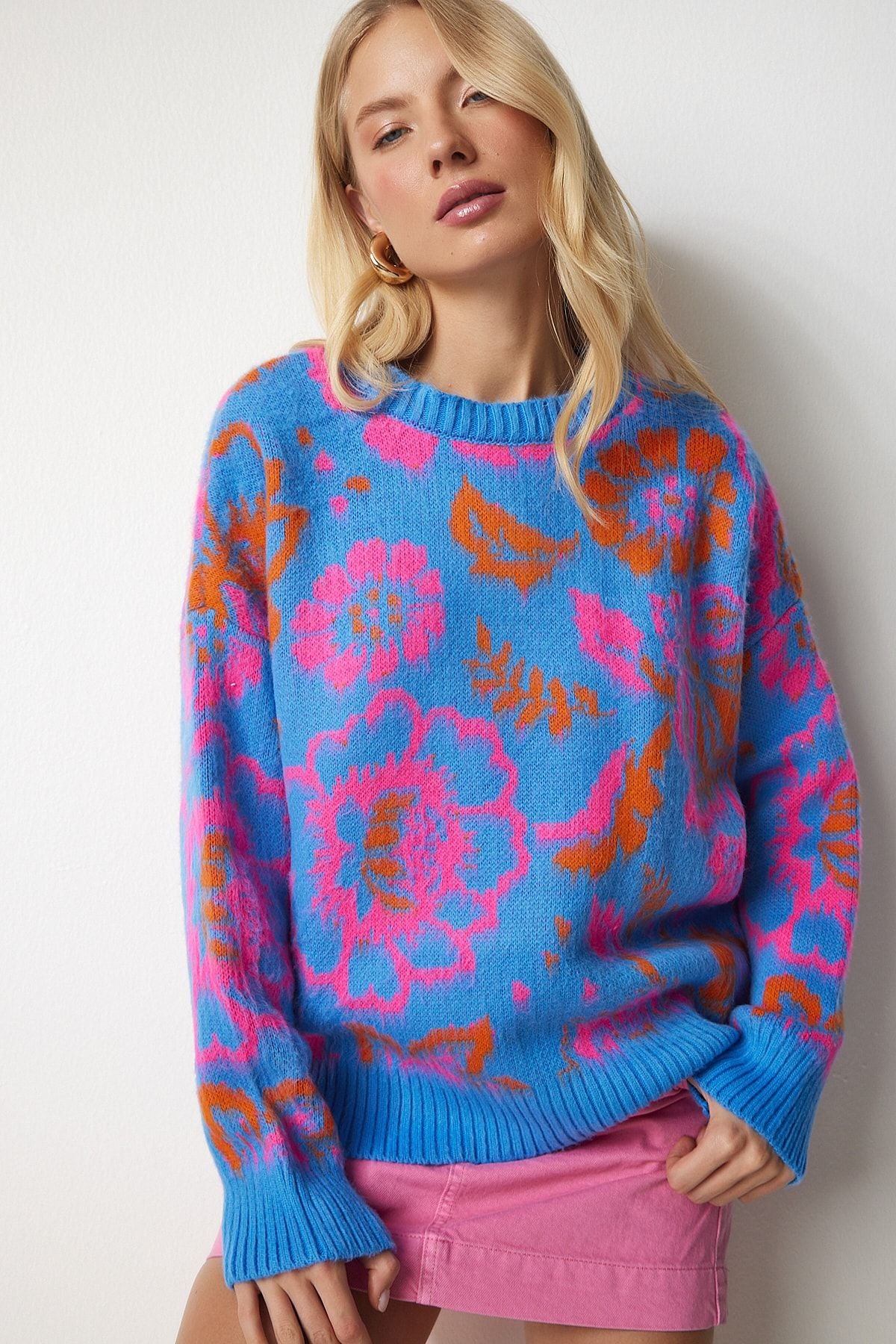 Woman Sky Blue Patterned Knitwear Sweater PF00002
