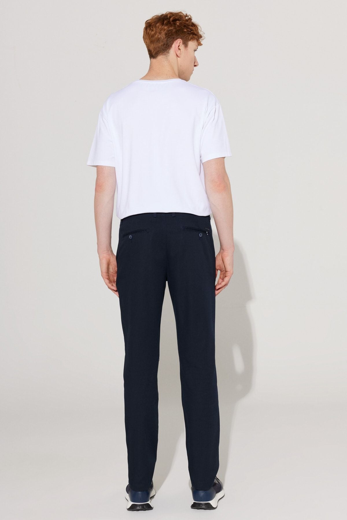 Men's navy blue comfort fit comfortable cutting side pocket cotton patterned flexible pants