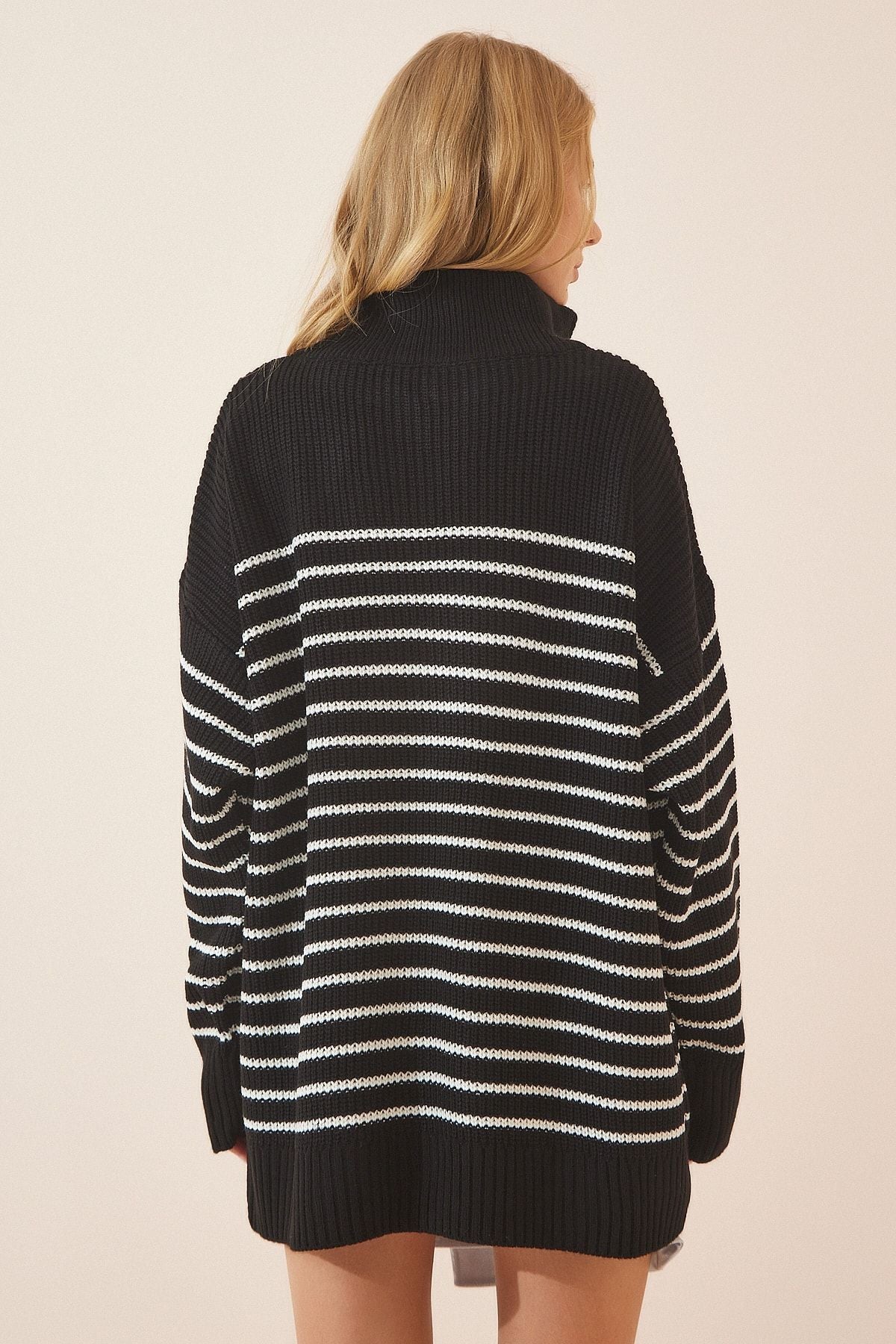 Female black zipper steep collar striped oversiz Kazakh yy00077