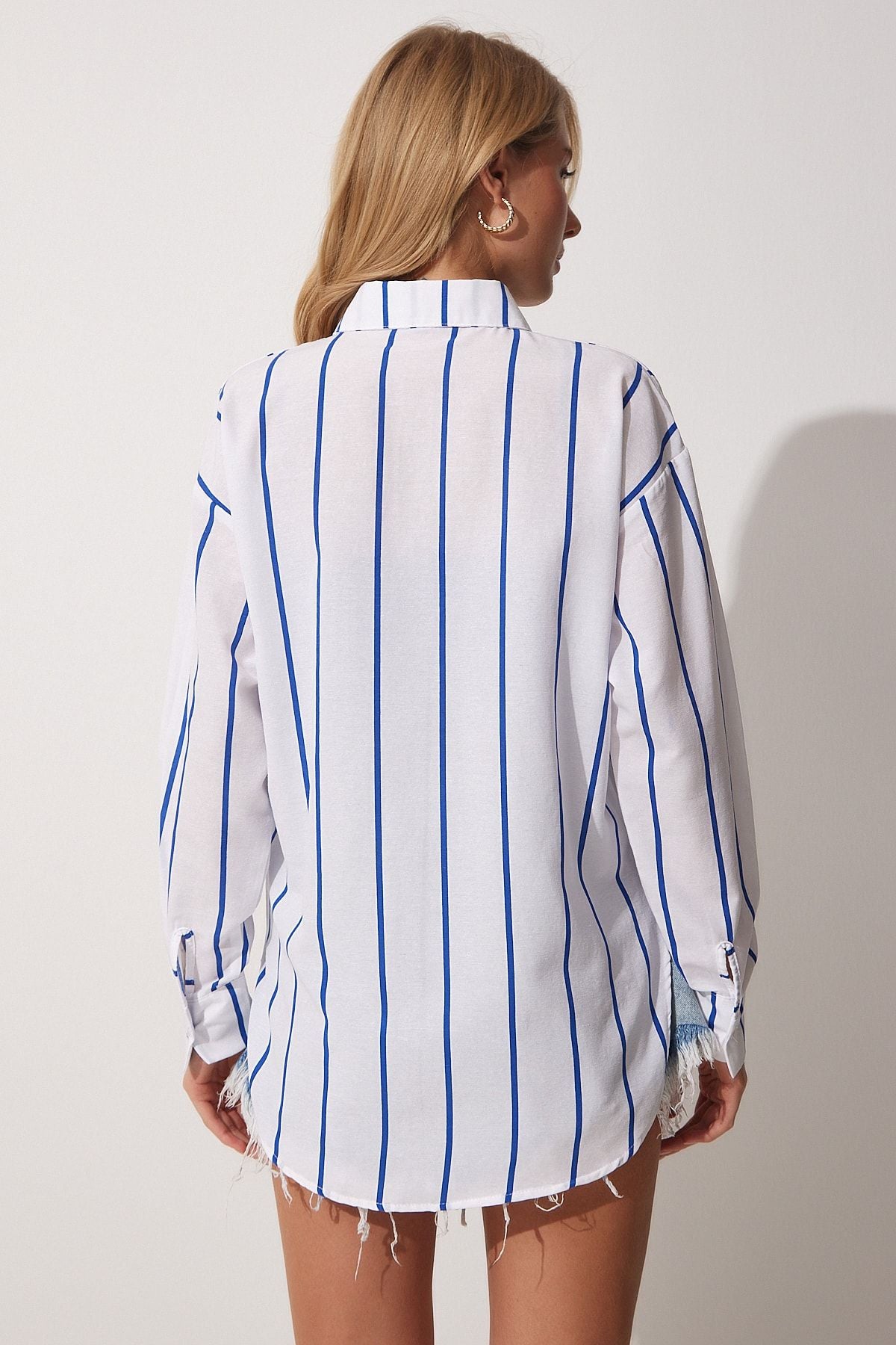 Woman Blue White Striped Oversize Long Cotton Shirt DX00005