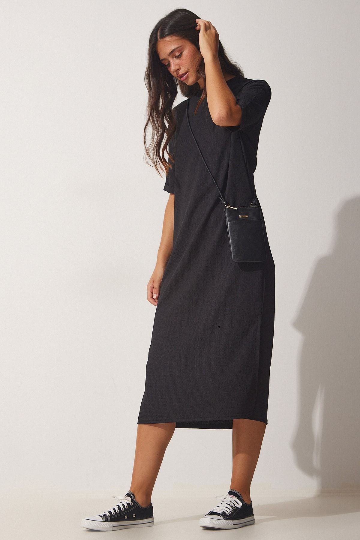 Women's black textured daily midi knitted dress LH00037