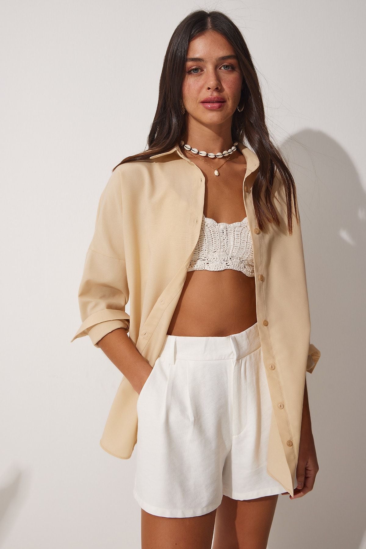 Woman Latte Oversize Long Basic Shirt DD00842