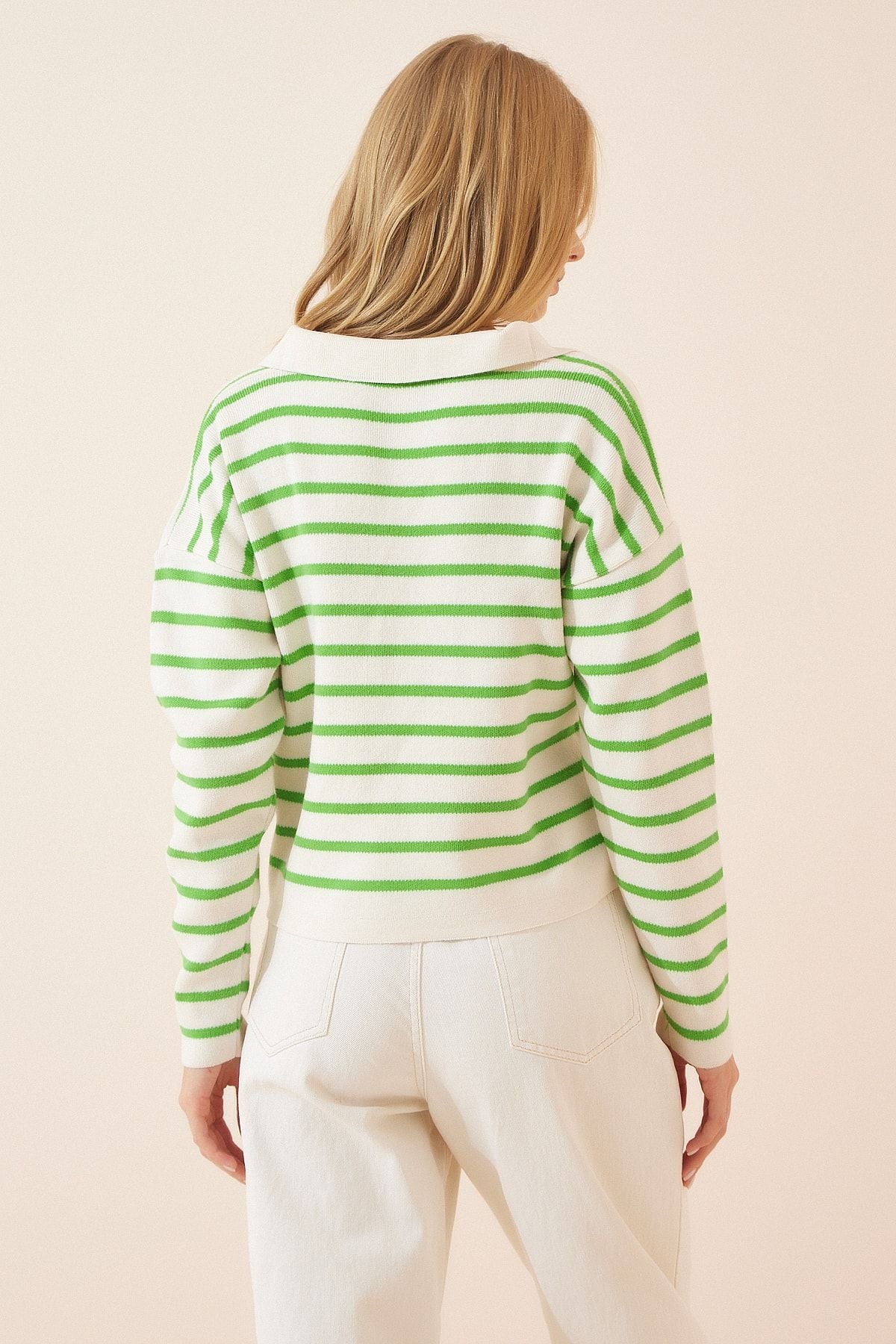 Female Green Bone Polo Yaka Crop Knitwear sweater US00293